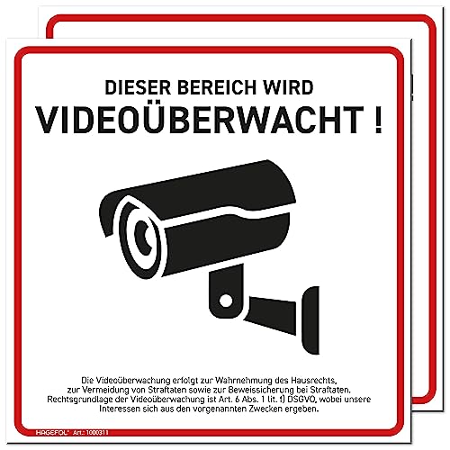 HAGEFOL® Schild Videoüberwachung, 2er Set, (15x15 cm - klein) mit DSGVO Hinweis, Kamera Warnhinweis für Überwachungskamera oder Kamera Attrappe (Hartschaum Weiß) von HAGEFOL