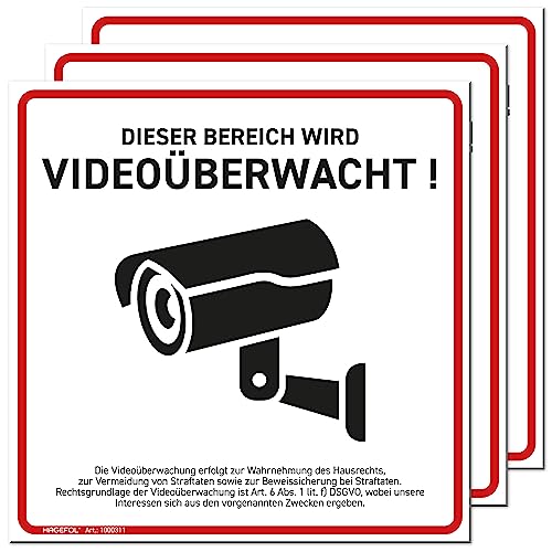 HAGEFOL® Schild Videoüberwachung, 3er Set, (15x15 cm - klein) mit DSGVO Hinweis, Kamera Warnhinweis für Überwachungskamera oder Kamera Attrappe (Hartschaum Weiß) von HAGEFOL