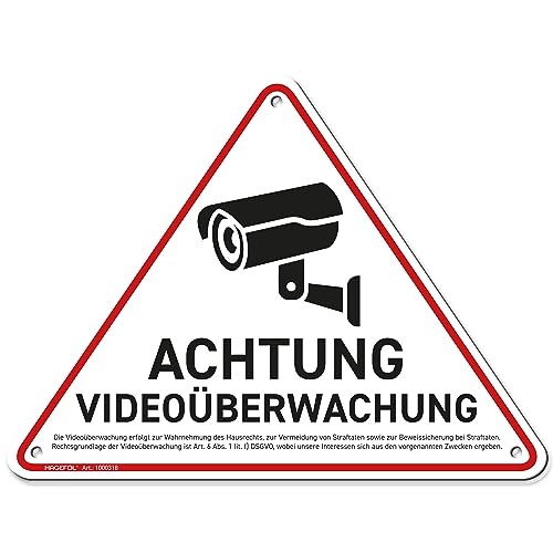 HAGEFOL® Videoüberwachung Schild (20x15 cm - klein) mit DSGVO Hinweis, inkl. Bohrlöcher, für Privatgrundstück Überwachungskamera oder Kamera Attrappe außen (Aluminium Weiß) von HAGEFOL