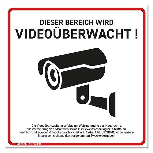 HAGEFOL® Schild Videoüberwachung (15x15 cm - klein) mit DSGVO Hinweis, Kamera Warnhinweis für Überwachungskamera oder Kamera Attrappe (Hartschaum Weiß) von HAGEFOL