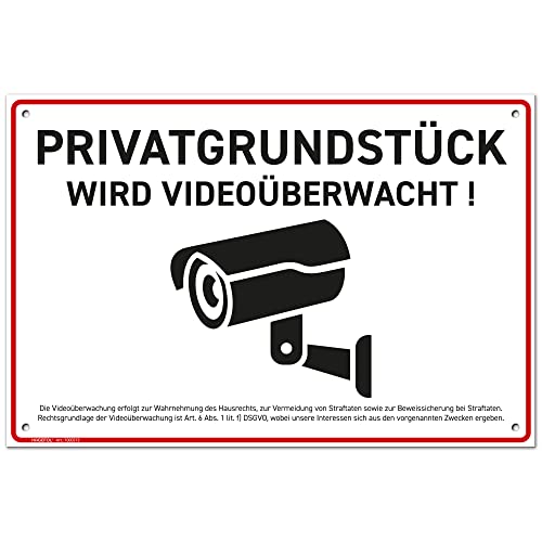 HAGEFOL® Schild Videoüberwachung Privatgrundstück (30x20 cm - groß) mit DSGVO Hinweis, inkl. 4 Bohrlöcher, Kamera Warnhinweis für Überwachungskamera oder Kamera Attrappe (Alu Dibond Weiss) von HAGEFOL