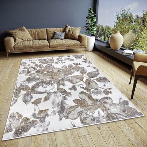 Hanse Home Floral Teppich Wohnzimmer – Kurzflor Wohnzimmerteppich im Blumen Muster, Florales Design Läufer für Schlafzimmer, Esszimmer, Wohnzimmer, Flur, Küche – Weiß Grau Braun, 120x170cm von Hanse Home