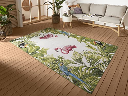 Hanse Home Tropical Birds In- & Outdoor Teppich – Flachgewebe Aussenteppich, Flamingo Jungel Palmen Design, ÖKO-TEX Wetterfest & UV-beständig für Balkon, Terrasse, Garten, Wohnzimmer - Bunt, 80x165cm von Hanse Home