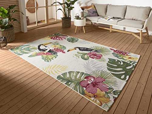 Hanse Home Tropical Dream In- & Outdoor Teppich – Flachgewebe Tropical Jungel Florales Palmen Design, ÖKO-TEX Wetterfest & UV-beständig für Balkon, Terrasse, Garten – Creme Multifarben, 80x165cm von Hanse Home