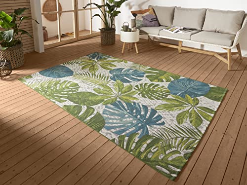 Hanse Home Tropical Leaves In- & Outdoor Teppich – Flachgewebe Aussenteppich, Jungel Palmen Blätter Design, ÖKO-TEX Wetterfest & UV-beständig für Balkon, Terrasse, Garten – Türkis Grün, 80x165cm von Hanse Home