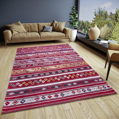 Hanse Home Yara Design Teppich Boho – Flachgewebe Boho-Style, Anti-Rutsch Unterseite, Vintage Design hochwertig gewebt für Wohnzimmer, Schlafzimmer, Esszimmer, Flur – Dunkelrot Multifarben, 75x150cm von Hanse Home