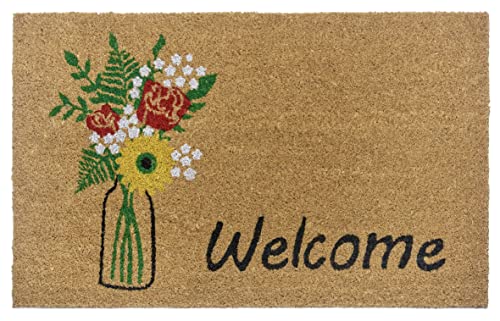 Hanse Home Kokos Fußmatte für Innen 45x75cm – Fussmatte Kokosmatte Schmutzfangmatte Blumen Welcome Design, rutschfest für Eingangsbereich & überdachten Außenbereich – Natur von Hanse Home