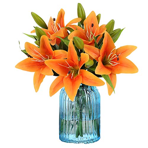 Künstliche Blumen 8 Stück künstliche Lilien mit 3 Knospen Blumenkunst Gemüse Blumen Latex Volle Blume real touch für Heimdekoration Hochzeit Party Büro Restaurant (Orange) von HAOSHICS