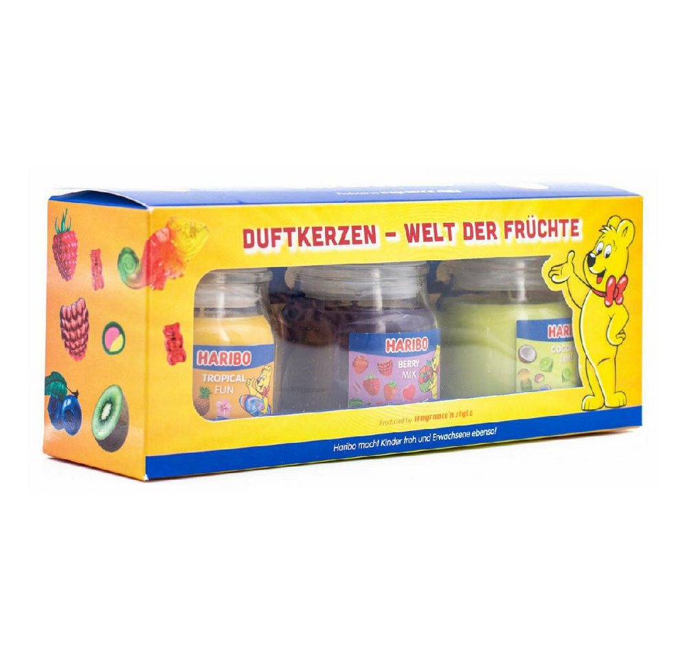 HARIBO Duftkerze 3er Set Frucht Power - Berry Mix, Coconut Lime, Tropical Fun - 3x85g von HARIBO