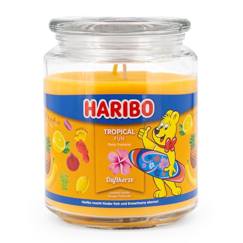 Haribo Duftkerze im Glas mit Deckel | Tropical Fun | Duftkerze Fruchtig | Kerzen lange Brenndauer (100h) | Kerzen Gelb | Duftkerze Groß (510g) von HARIBO