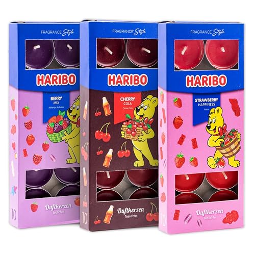 Haribo Teelichter Trio-Set All Year – Berry Mix, Cherry Cola & Strawberry Happiness, 30 Stück (3x10) – Duftende Kerzen mit 4-6 Stunden Brenndauer, Stimmungsbeleuchtung für Zuhause von HARIBO
