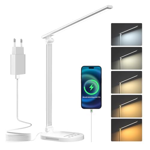 HASKARE Schreibtischlampe LED Dimmbare Tischlampe, 5 Farbmodi und 5 Helligkeitsstufen Blendfreie Augenschutz-Desk Lamp, USB-Ladeanschluss，Mit 5V/2A Netzadapter（Weiß） von HASKARE