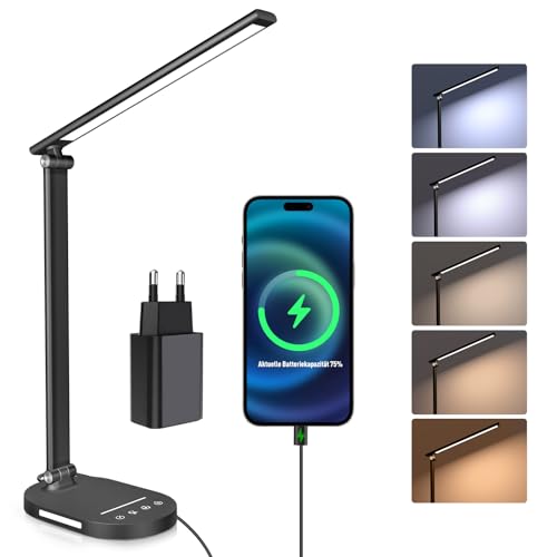 HASKARE Schreibtischlampe LED Dimmbare Tischlampe, 5 Farbmodi und 5 Helligkeitsstufen Blendfreie Augenschutz-Desk Lamp, USB-Ladeanschluss，Mit 5V/2A Netzadapter von HASKARE