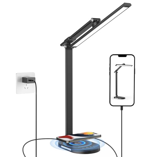 Schreibtischlampe LED Dimmbare Tischlampe, 5 Farbmodi und 5 Helligkeitsstufen Blendfreie Augenschutz-Desk Lamp, mit10W kabelloses Laden und Laden über USB-Anschluss，Mit 5V/3A Netzadapter von HASKARE