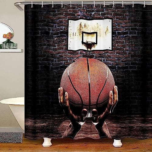 HATEGE Duschvorhang Anti-Schimmel Basketball 3D Duschvorhänge 180x200 Sport Duschvorhang Textil Waschbar Wsserdicht für Badezimmer Badewanne Badevorhang Bad von HATEGE