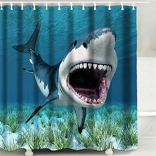 HATEGE Duschvorhang Anti-Schimmel Hai 3D Duschvorhänge 120x200 Blaues Meer Duschvorhang Textil Waschbar Wsserdicht für Badezimmer Badewanne Badevorhang Bad von HATEGE