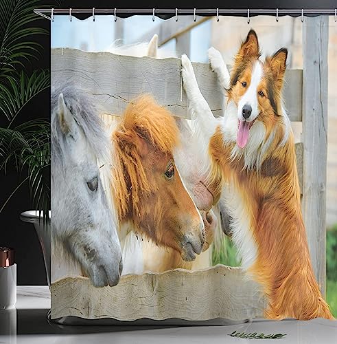 HATEGE Duschvorhang Anti-Schimmel Hund Pferd 3D Duschvorhänge 120x200 Tier Duschvorhang Textil Waschbar Wsserdicht für Badezimmer Badewanne Badevorhang Bad von HATEGE