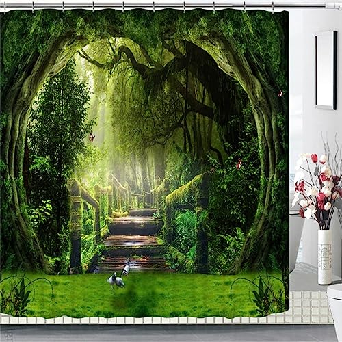 HATEGE Duschvorhang Anti-Schimmel Tropische Landschaft 3D Duschvorhänge 120x200 Grün Duschvorhang Textil Waschbar Wsserdicht für Badezimmer Badewanne Badevorhang Bad von HATEGE