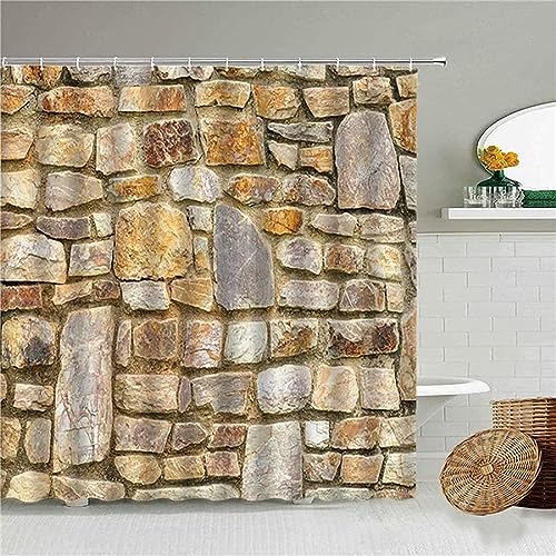 HATEGE Duschvorhang Anti-Schimmel Vintage Steinmauer 3D Duschvorhänge 120x200 Landhausstil Duschvorhang Textil Waschbar Wsserdicht für Badezimmer Badewanne Badevorhang Bad von HATEGE