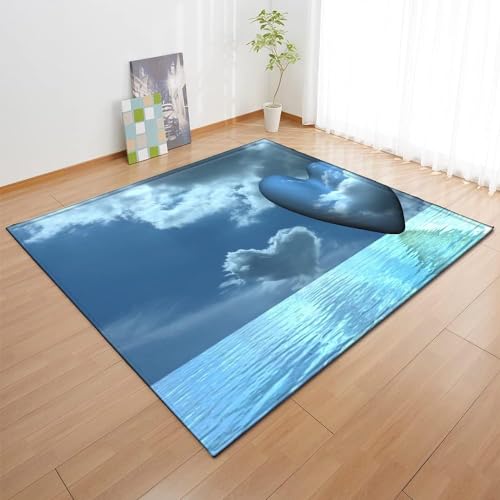 HATEGE Teppich Wohnzimmer 100 x 150 cm Waschbar Blaues Meer, Outdoor Teppiche Kurzflor 3D Liebe, Carpet Flauschig Blaues Meer ZP901 von HATEGE