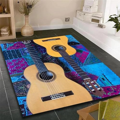 HATEGE Teppich Wohnzimmer 100 x 150 cm Waschbar Gitarre, Outdoor Teppiche Kurzflor 3D Musikthema, Carpet Flauschig Gitarre ZP978 von HATEGE