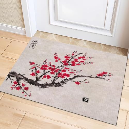 HATEGE Teppich Wohnzimmer 100 x 150 cm Waschbar Japanische Kirschblüten, Outdoor Teppiche Kurzflor 3D Beige, Carpet Flauschig Japanische Kirschblüten ZP411 von HATEGE