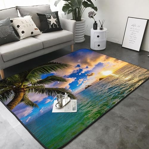 HATEGE Teppich Wohnzimmer 100 x 150 cm Waschbar Palme, Outdoor Teppiche Kurzflor 3D Tropische Meereslandschaft, Carpet Flauschig Palme ZP327 von HATEGE