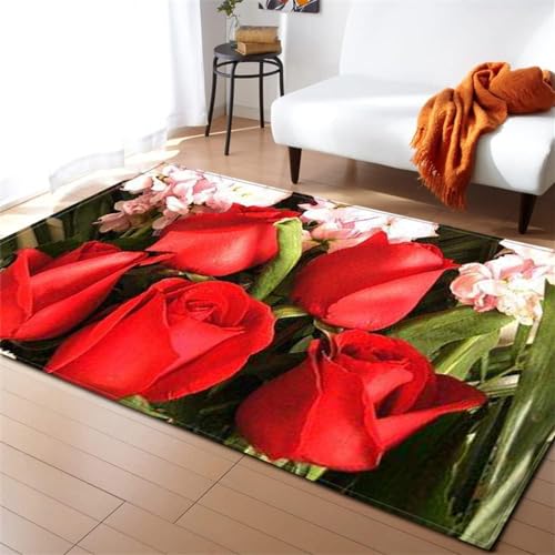 HATEGE Teppich Wohnzimmer 100 x 150 cm Waschbar Rote Rose, Outdoor Teppiche Kurzflor 3D Blumen, Carpet Flauschig Rote Rose 1867AZ von HATEGE
