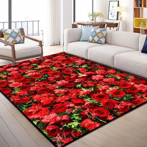 HATEGE Teppich Wohnzimmer 100 x 150 cm Waschbar Rote Rose, Outdoor Teppiche Kurzflor 3D Distel, Carpet Flauschig Rote Rose ZP425 von HATEGE