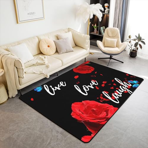 HATEGE Teppich Wohnzimmer 100 x 150 cm Waschbar Rote Rose, Outdoor Teppiche Kurzflor 3D Schmetterling, Carpet Flauschig Rote Rose WS3267 von HATEGE