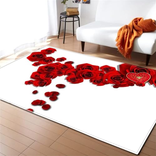 HATEGE Teppich Wohnzimmer 120 x 170 cm Waschbar Rote Rose, Outdoor Teppiche Kurzflor 3D Romantisches Thema, Carpet Flauschig Rote Rose 825AZ von HATEGE