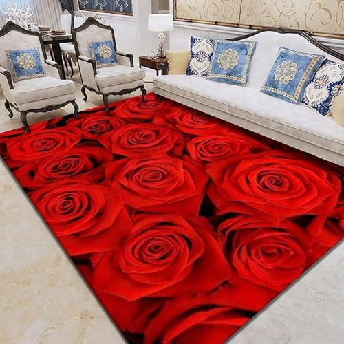 HATEGE Teppich Wohnzimmer 120 x 170 cm Waschbar Rote Rose, Outdoor Teppiche Kurzflor 3D Romantisches Thema, Carpet Flauschig Rote Rose WS2848 von HATEGE
