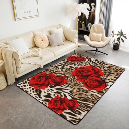 HATEGE Teppich Wohnzimmer 60 x 100 cm Waschbar Rote Rose, Outdoor Teppiche Kurzflor 3D Leopardenmuster, Carpet Flauschig Rote Rose WS2711 von HATEGE