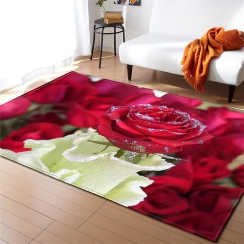 HATEGE Teppich Wohnzimmer 60 x 100 cm Waschbar Rote Rose, Outdoor Teppiche Kurzflor 3D Romantisches Thema, Carpet Flauschig Rote Rose 1976AZ von HATEGE