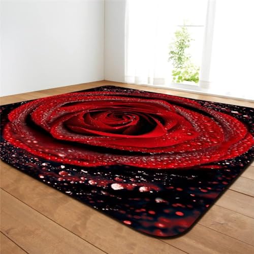 HATEGE Teppich Wohnzimmer 60 x 100 cm Waschbar Rote Rose, Outdoor Teppiche Kurzflor 3D Romantisches Thema, Carpet Flauschig Rote Rose 44AZ von HATEGE