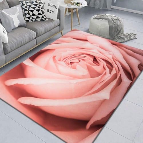 HATEGE Teppich Wohnzimmer 80 x 160 cm Waschbar Rosa Rosenblume, Outdoor Teppiche Kurzflor 3D Romantisches Thema, Carpet Flauschig Rosa Rosenblume ZP4 von HATEGE