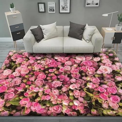 HATEGE Teppich Wohnzimmer 80 x 160 cm Waschbar Rosa Rosenblume, Outdoor Teppiche Kurzflor 3D Romantisches Thema, Carpet Flauschig Rosa Rosenblume ZP718 von HATEGE