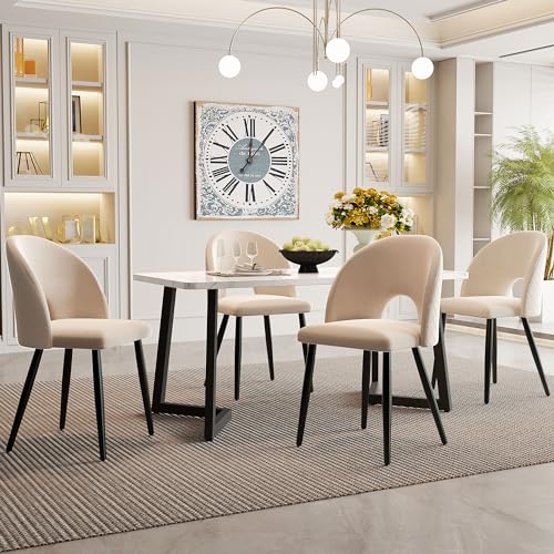 HAUSPROFI Esstisch mit 4 stühlen, 68x117x75cm Essgruppen, Esszimmertische Küchentisch mit Samt-Sitzpolsterstühle, Modern Esszimmermöbel Set(Beige Esszimmerstühle+Schwarz Tischbeine) von HAUSPROFI