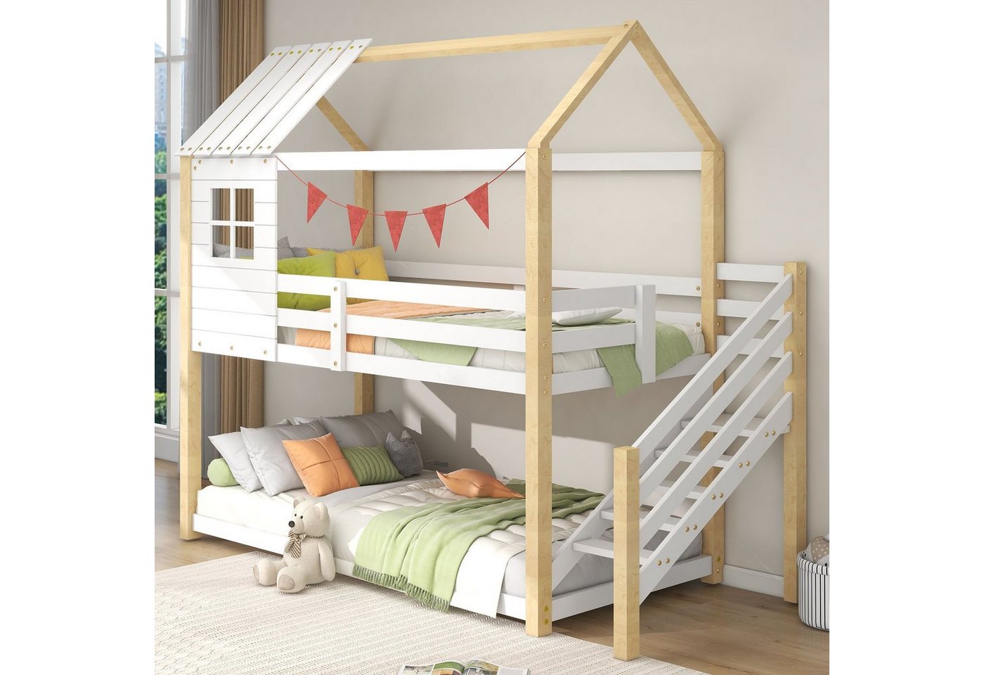 HAUSS SPLOE Etagenbett 200x90cm mit Ecktreppe, Fallschutz und Gitter, Fenster, weiß+natur von HAUSS SPLOE