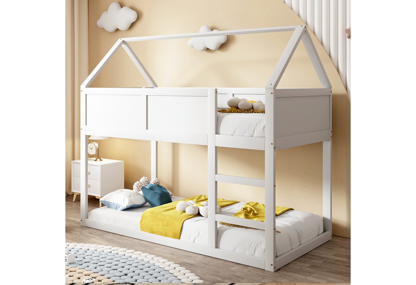 HAUSS SPLOE Etagenbett Kinderbett 90x200 cm, niedriges Etagen-Einzelbett mit Treppe Weiß von HAUSS SPLOE