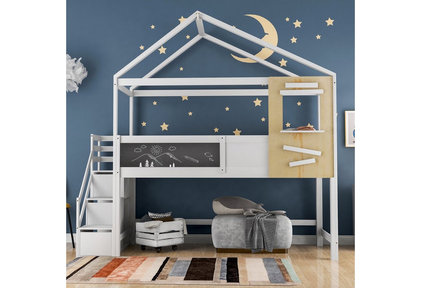 HAUSS SPLOE Kinderbett Etagenbett Hausbett Kinderbett Einzelbett Bettrahmen Stockbett (Robuste Massivholzstruktur Stabile Leitplanke, Mit der Tafel können Kinder ihre Talente zeigen), mit Treppe und Fenster, mit Lattenrost, Treppe mit 3 Schubladen von HAUSS SPLOE