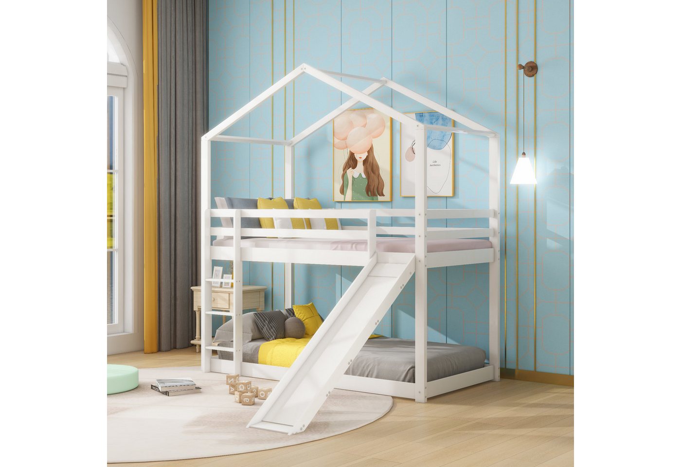 HAUSS SPLOE Kinderbett Hausbett Kinderbett Einzelbett Bettrahmen Bodenbett (mit Treppe & Schubladen, bodentief, Hausbett für Mädchen und Jungen), Sicheres und durchdachtes Design Stabile Kiefernstruktur von HAUSS SPLOE