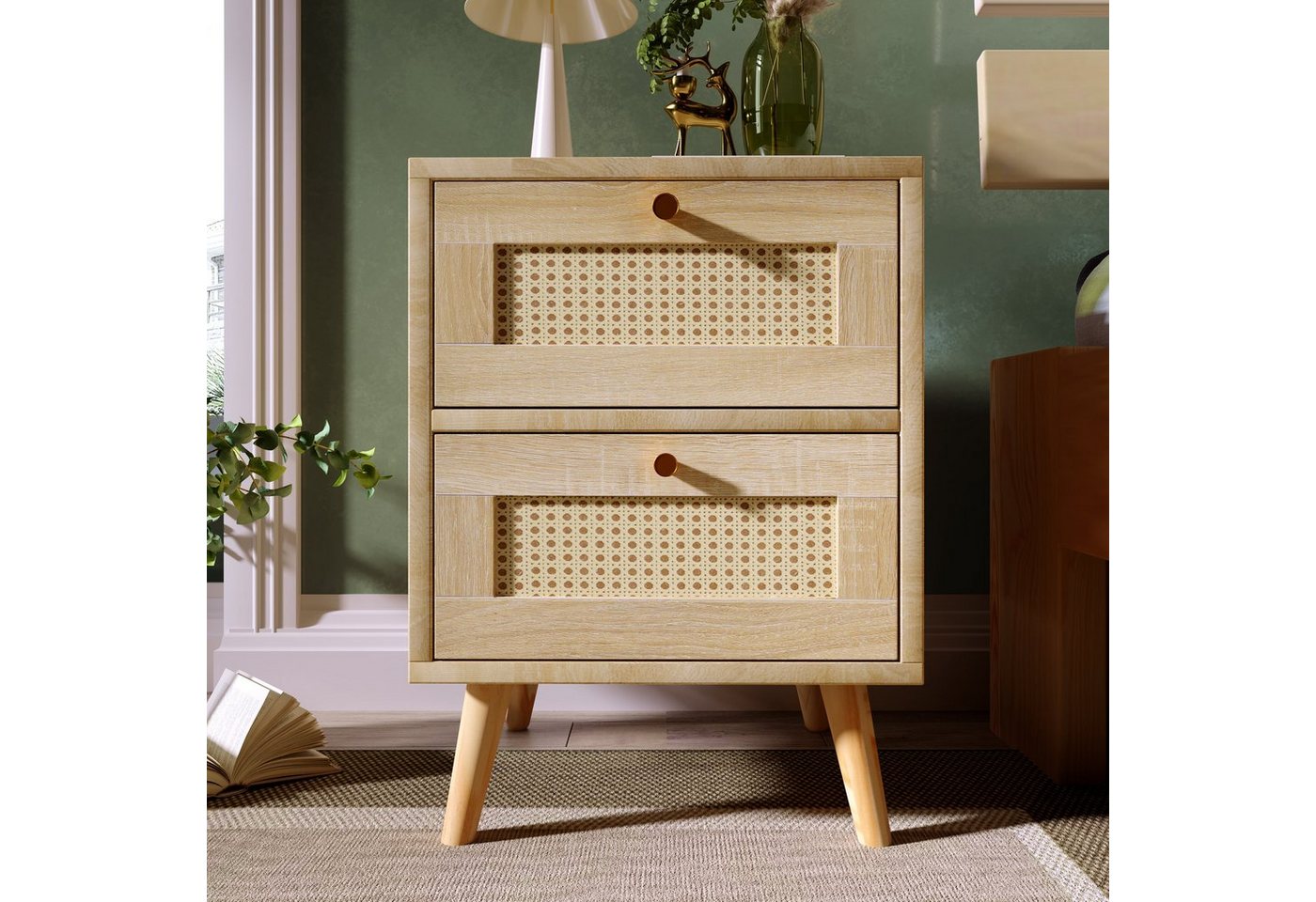 HAUSS SPLOE Nachttisch Kommode Schubladenkommode Sideboard Beistelltisch (1-St., Eiche -H79.5/B48.6/T48.5 cm), Geflecht Rattan von HAUSS SPLOE