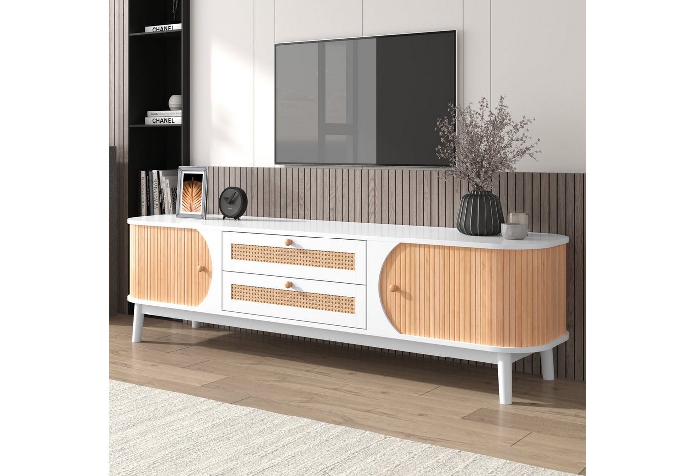 HAUSS SPLOE TV-Schrank TV-Schrank Fernsehtisch TV Board TV- Lowboard (TV-Schrank mit Türen und Schubladen, TV-Ständer mit Rattanseiten) Natürlicher Landhausstil. von HAUSS SPLOE