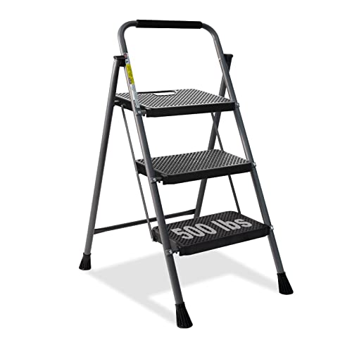 HBTower 3-Stufen-Leiter, Klapp-Step-Hocker mit breitem Anti-Rutsch-Pedal, 228KGS stabile Stahlleiter, bequemer Handgriff, Leichter, tragbarer Stahl-Step-Hocker, grau von HBTower