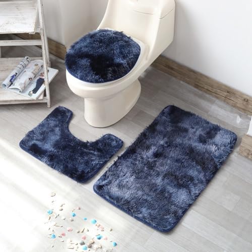 HEBEOT Bequemes 3-teiliges Badezimmerteppich-Set, Chenille-Material, solides Design, rutschfest (Marineblau) von HEBEOT