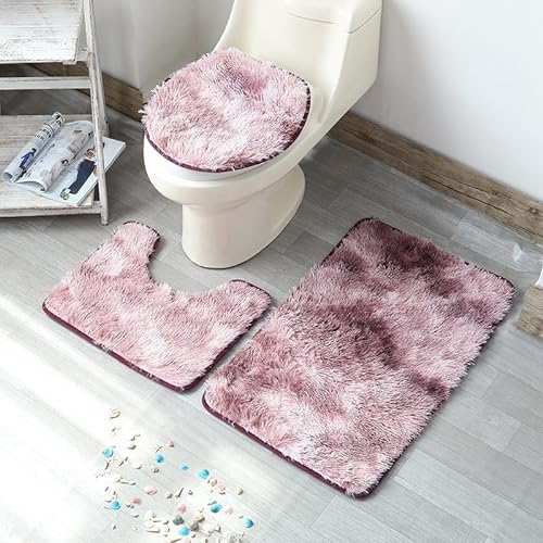 HEBEOT Bequemes 3-teiliges Badezimmerteppich-Set, Chenille-Material, solides Design, rutschfest (Violett-Rot) von HEBEOT