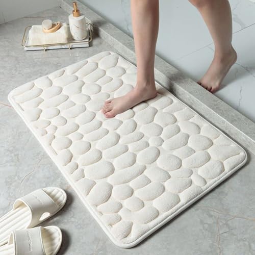 HEBEOT Weicher Memory-Schaum-Badezimmerteppich, rutschfester Kieselstein-Teppich für saugfähigen Boden (Milchweiß) von HEBEOT