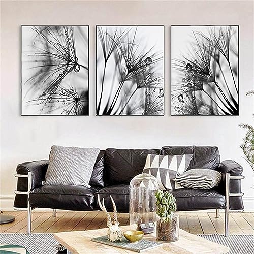 HEHGVCF 3 Teilig Modern Bild auf Leinwand Wandbilder Poster Set Schwarz Weiß Pusteblume Leinwandbilder Schwarz Weiss Bilder für Wohnzimmer Deko Ohne Rahmen (A,30 x 45cm) von HEHGVCF