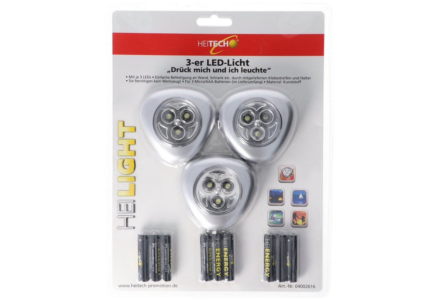 HEITECH LED Taschenlampe LED-Licht 3er-Set, Drück mich und ich leuchte, Mini LED-Leuchten, kab von HEITECH